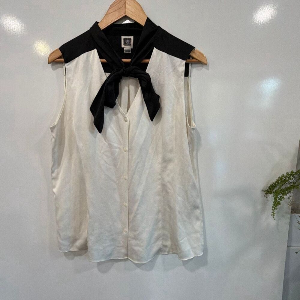Anne‎ Klein Cream Black Bow Tie Sleeveless Blouse L